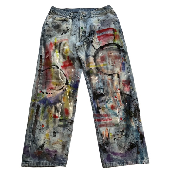 Hand Painted Vintage Jeans - Abstract Design - Picture 3 of 13
